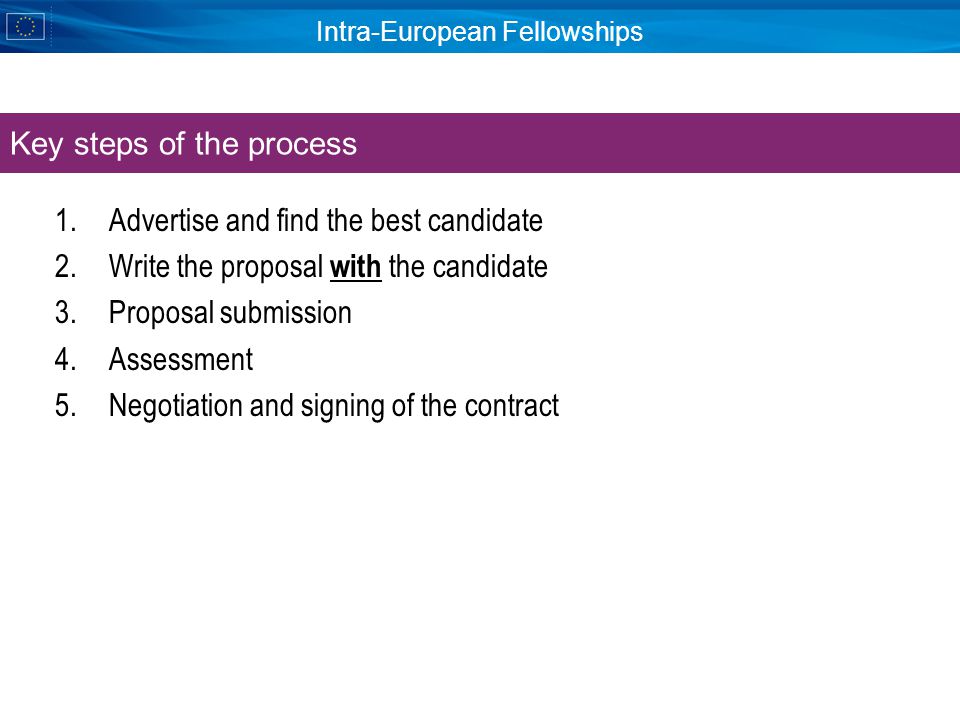 Intra-European Fellowships 1.Advertise and find the best candidate 2.Write the proposal with the candidate 3.Proposal submission 4.Assessment 5.Negotiation and signing of the contract Key steps of the process
