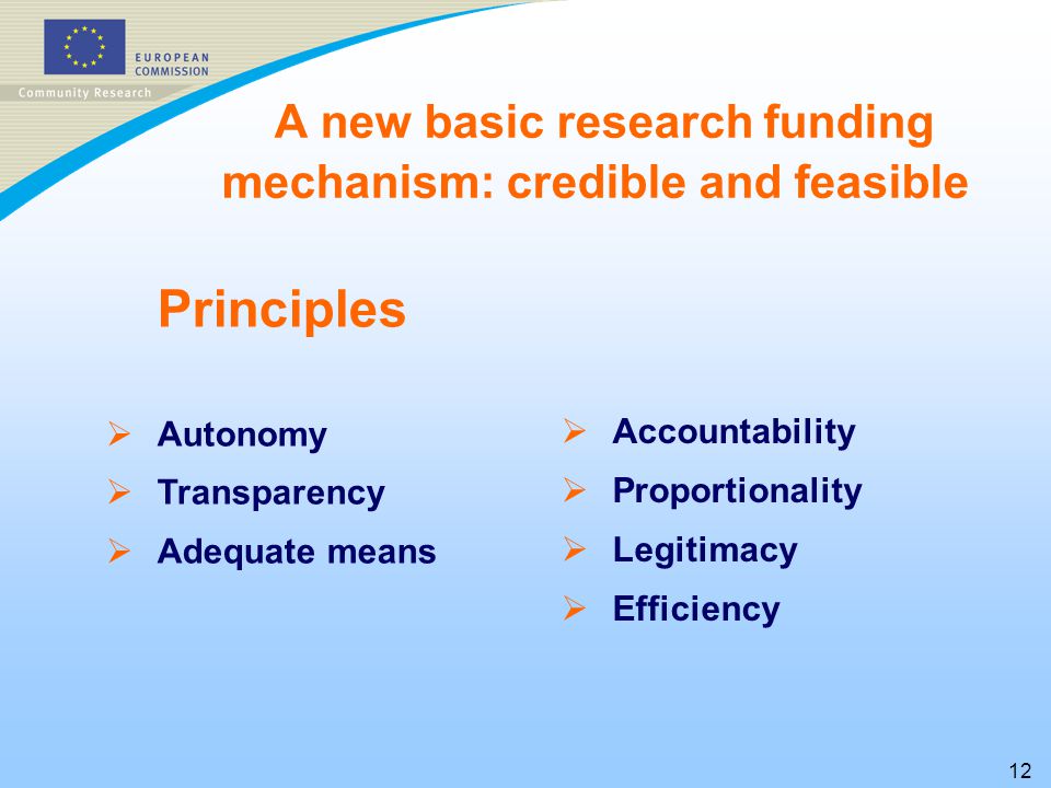 12 Principles   Autonomy   Transparency   Adequate means  Accountability  Proportionality  Legitimacy  Efficiency A new basic research funding mechanism: credible and feasible
