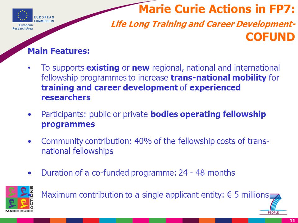 11 Marie Curie Actions in FP7: Life Long Training and Career Development- COFUND Main Features: To supports existing or new regional, national and international fellowship programmes to increase trans-national mobility for training and career development of experienced researchers Participants: public or private bodies operating fellowship programmes Community contribution: 40% of the fellowship costs of trans- national fellowships Duration of a co-funded programme: months Maximum contribution to a single applicant entity: € 5 millions