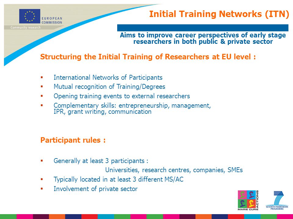 Initial Training Networks (ITN) Aims to improve career perspectives of early stage researchers in both public & private sector Structuring the Initial Training of Researchers at EU level :  International Networks of Participants  Mutual recognition of Training/Degrees  Opening training events to external researchers  Complementary skills: entrepreneurship, management, IPR, grant writing, communication Participant rules :  Generally at least 3 participants : Universities, research centres, companies, SMEs  Typically located in at least 3 different MS/AC  Involvement of private sector