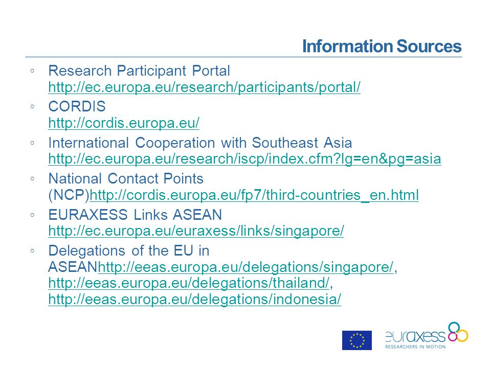 Information Sources ◦Research Participant Portal     ◦CORDIS     ◦International Cooperation with Southeast Asia   lg=en&pg=asia   lg=en&pg=asia ◦National Contact Points (NCP)  ◦EURAXESS Links ASEAN     ◦Delegations of the EU in ASEANhttp://eeas.europa.eu/delegations/singapore/,