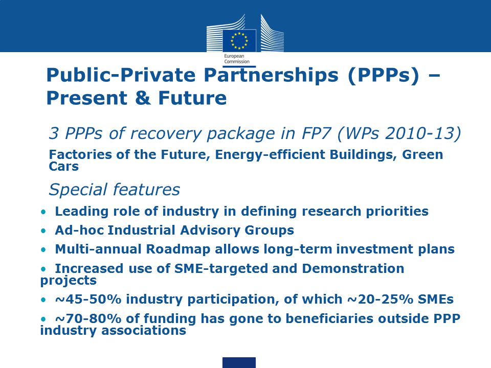 Public-Private Partnerships (PPPs) – Present & Future 3 PPPs of recovery package in FP7 (WPs ) Factories of the Future, Energy-efficient Buildings, Green Cars Special features Leading role of industry in defining research priorities Ad-hoc Industrial Advisory Groups Multi-annual Roadmap allows long-term investment plans Increased use of SME-targeted and Demonstration projects ~45-50% industry participation, of which ~20-25% SMEs ~70-80% of funding has gone to beneficiaries outside PPP industry associations