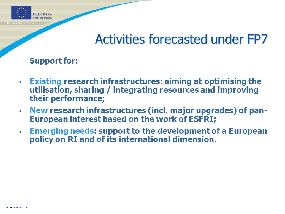 FP7 – June Activities forecasted under FP7 Support for:  Existing research infrastructures: aiming at optimising the utilisation, sharing / integrating resources and improving their performance;  New research infrastructures (incl.