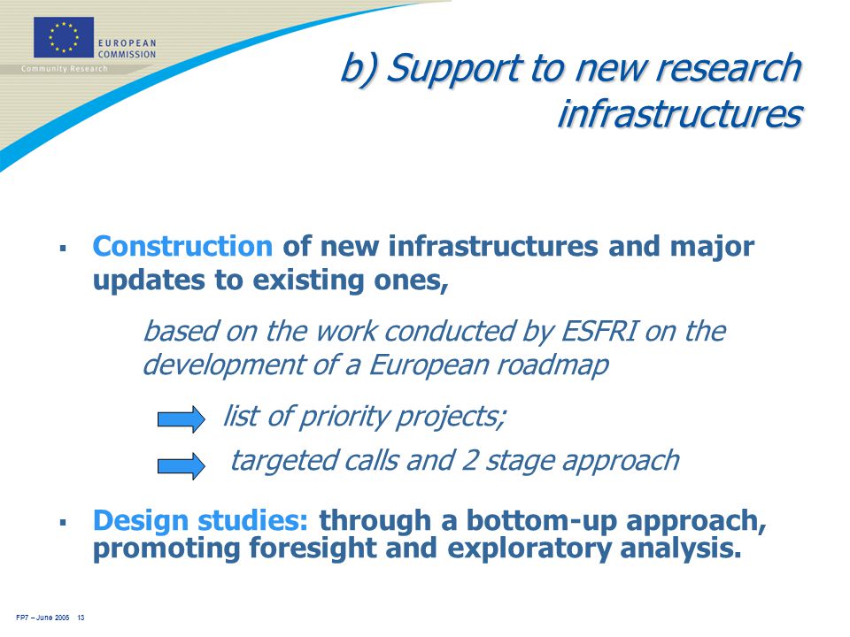 FP7 – June b) Support to new research infrastructures  Construction of new infrastructures and major updates to existing ones, based on the work conducted by ESFRI on the development of a European roadmap list of priority projects; targeted calls and 2 stage approach  Design studies: through a bottom-up approach, promoting foresight and exploratory analysis.