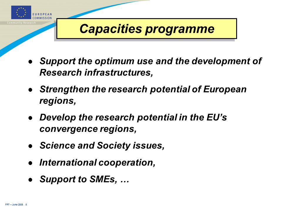 FP7 – June l Support the optimum use and the development of Research infrastructures, l Strengthen the research potential of European regions, l Develop the research potential in the EU’s convergence regions, l Science and Society issues, l International cooperation, l Support to SMEs, … Capacities programme