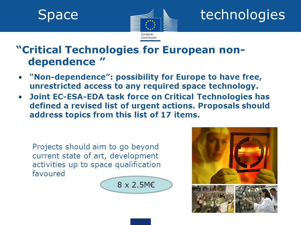 Critical Technologies for European non- dependence Non-dependence : possibility for Europe to have free, unrestricted access to any required space technology.