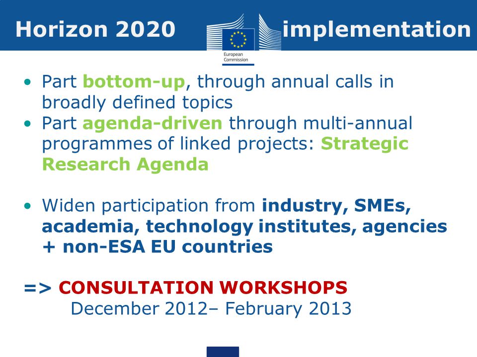 Part bottom-up, through annual calls in broadly defined topics Part agenda-driven through multi-annual programmes of linked projects: Strategic Research Agenda Widen participation from industry, SMEs, academia, technology institutes, agencies + non-ESA EU countries => CONSULTATION WORKSHOPS December 2012– February 2013 Horizon 2020 implementation