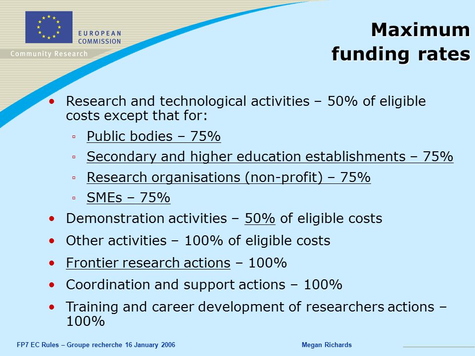 FP7 EC Rules – Groupe recherche 16 January 2006Megan Richards Research and technological activities – 50% of eligible costs except that for: ▫ Public bodies – 75% ▫ Secondary and higher education establishments – 75% ▫ Research organisations (non-profit) – 75% ▫ SMEs – 75% Demonstration activities – 50% of eligible costs Other activities – 100% of eligible costs Frontier research actions – 100% Coordination and support actions – 100% Training and career development of researchers actions – 100% Maximum funding rates