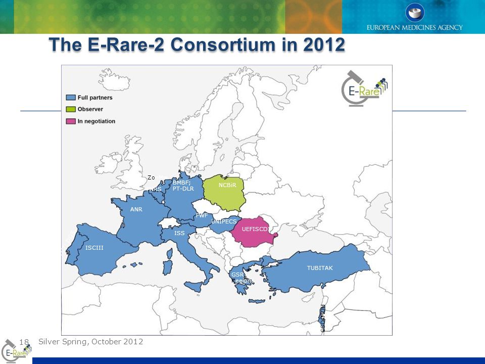 The E-Rare-2 Consortium in European (or Associated) Member States 16 Research (funding) Agencies/Ministries ISCIII FCT; DGS ANR BMBF; PT-DLR FNRS ZonMw ISS TUBITAK GSRT: Keelpno CSO/MOH NCBiR FWF UNIPECS UEFISCDI Silver Spring, October