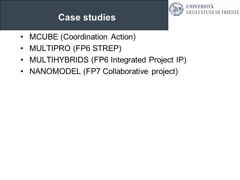 Case studies MCUBE (Coordination Action) MULTIPRO (FP6 STREP) MULTIHYBRIDS (FP6 Integrated Project IP) NANOMODEL (FP7 Collaborative project)