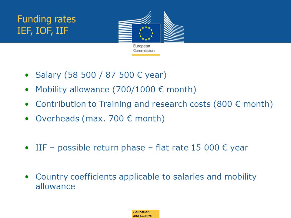Education and Culture Funding rates IEF, IOF, IIF Salary ( / € year) Mobility allowance (700/1000 € month) Contribution to Training and research costs (800 € month) Overheads (max.