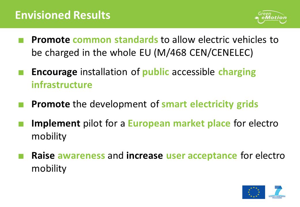 Envisioned Results ■ Promote common standards to allow electric vehicles to be charged in the whole EU (M/468 CEN/CENELEC) ■ Encourage installation of public accessible charging infrastructure ■ Promote the development of smart electricity grids ■ Implement pilot for a European market place for electro mobility ■ Raise awareness and increase user acceptance for electro mobility