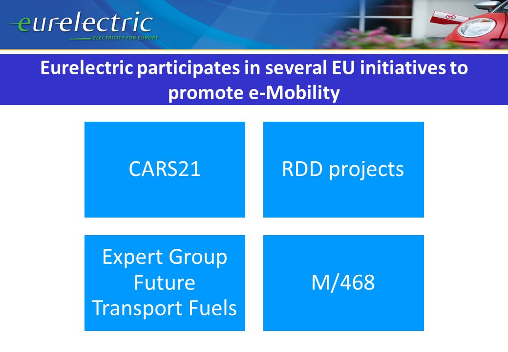 Eurelectric participates in several EU initiatives to promote e-Mobility CARS21RDD projects Expert Group Future Transport Fuels M/468
