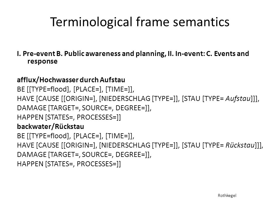 Terminological frame semantics I. Pre-event B. Public awareness and planning, II.