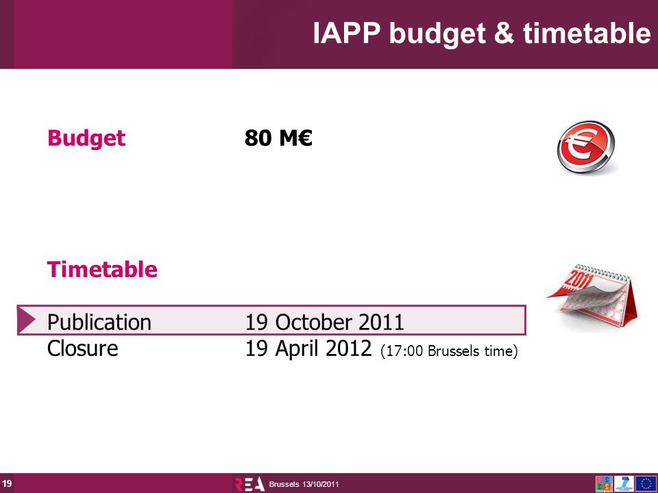 13/10/2011 Brussels 19 Budget80 M€ Timetable Publication19 October 2011 Closure19 April 2012 (17:00 Brussels time) IAPP budget & timetable