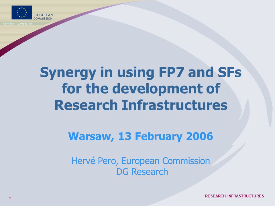 1 RESEARCH INFRASTRUCTURES Synergy in using FP7 and SFs for the development of Research Infrastructures Warsaw, 13 February 2006 Hervé Pero, European Commission DG Research