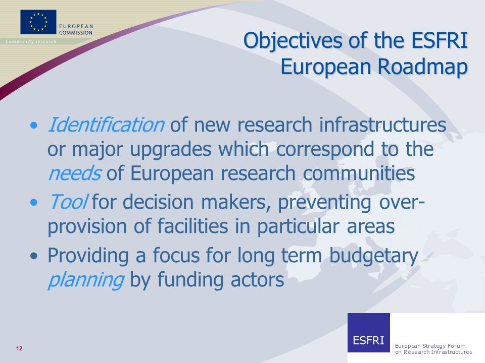 12 RESEARCH INFRASTRUCTURES Objectives of the ESFRI European Roadmap Identification of new research infrastructures or major upgrades which correspond to the needs of European research communities Tool for decision makers, preventing over- provision of facilities in particular areas Providing a focus for long term budgetary planning by funding actors ESFRI European Strategy Forum on Research Infrastructures