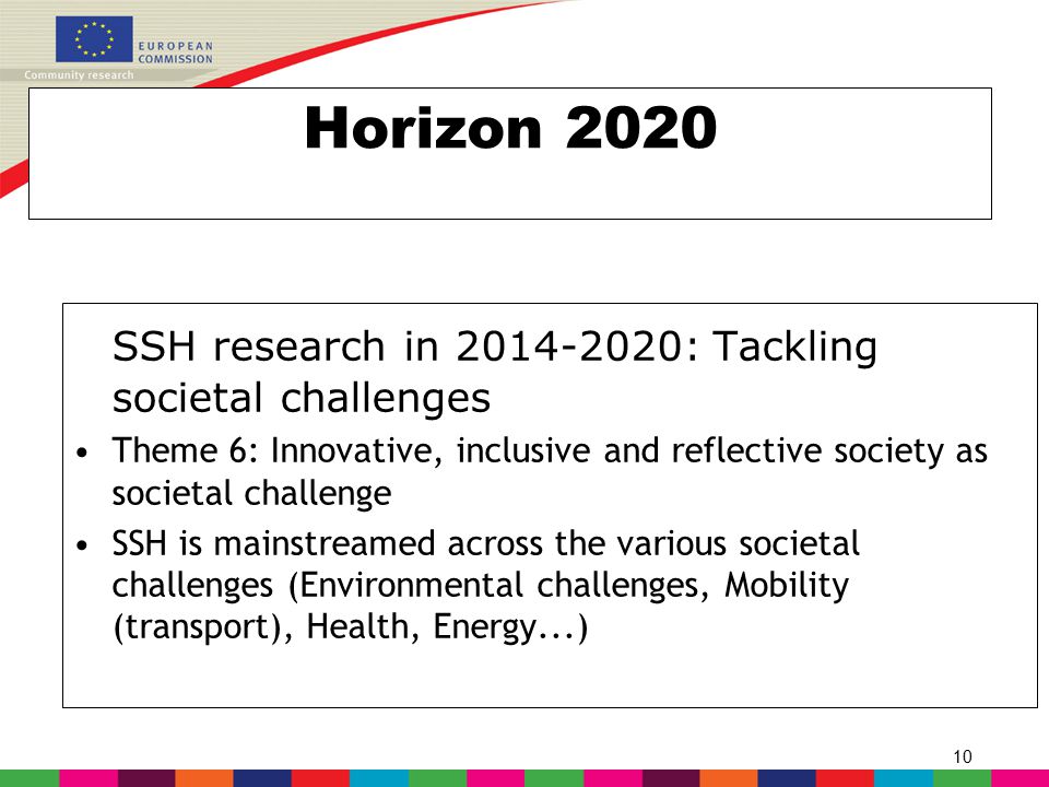 10 Horizon 2020 SSH research in : Tackling societal challenges Theme 6: Innovative, inclusive and reflective society as societal challenge SSH is mainstreamed across the various societal challenges (Environmental challenges, Mobility (transport), Health, Energy...)