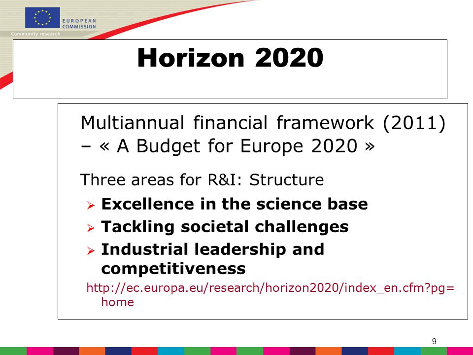 9 Horizon 2020 Multiannual financial framework (2011) – « A Budget for Europe 2020 » Three areas for R&I: Structure  Excellence in the science base  Tackling societal challenges  Industrial leadership and competitiveness   pg= home