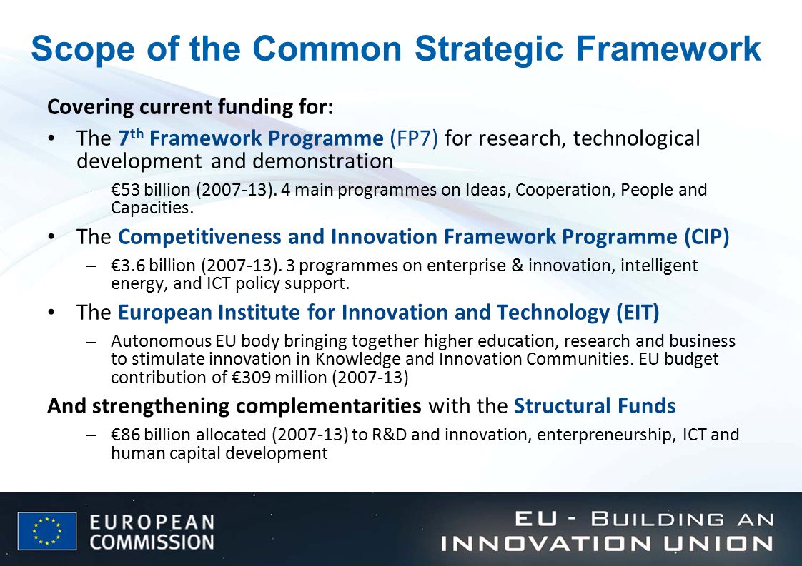 Scope of the Common Strategic Framework Covering current funding for: The 7 th Framework Programme (FP7) for research, technological development and demonstration – €53 billion ( ).
