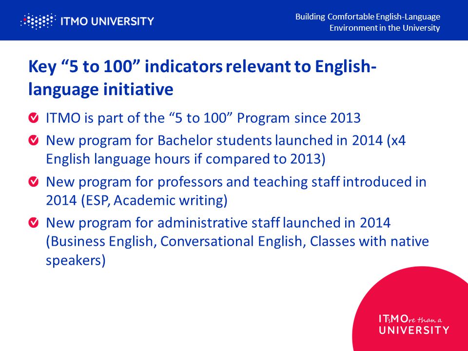Key 5 to 100 indicators relevant to English- language initiative ITMO is part of the 5 to 100 Program since 2013 New program for Bachelor students launched in 2014 (x4 English language hours if compared to 2013) New program for professors and teaching staff introduced in 2014 (ESP, Academic writing) New program for administrative staff launched in 2014 (Business English, Conversational English, Classes with native speakers) Building Comfortable English-Language Environment in the University