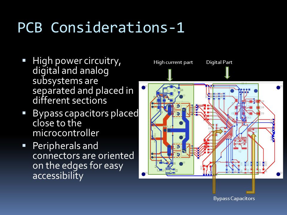 PCB Considerations-1  High power circuitry, digital and analog subsystems are separated and placed in different sections  Bypass capacitors placed close to the microcontroller  Peripherals and connectors are oriented on the edges for easy accessibility High current partDigital Part Bypass Capacitors