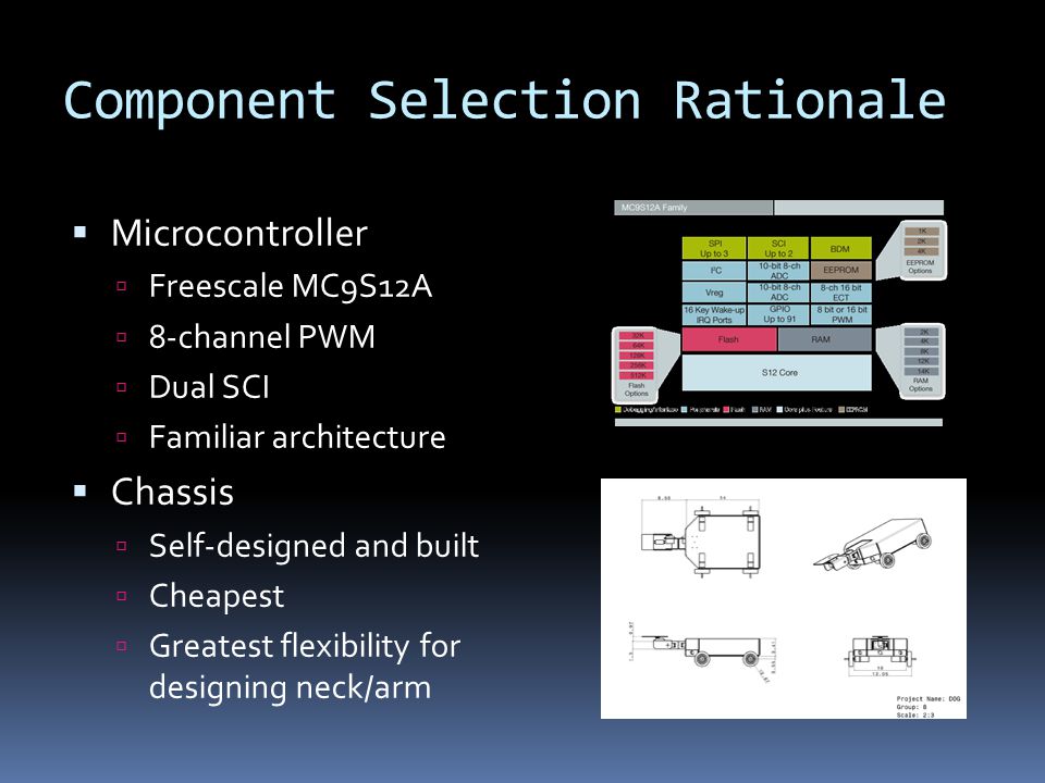 Component Selection Rationale  Microcontroller  Freescale MC9S12A  8-channel PWM  Dual SCI  Familiar architecture  Chassis  Self-designed and built  Cheapest  Greatest flexibility for designing neck/arm