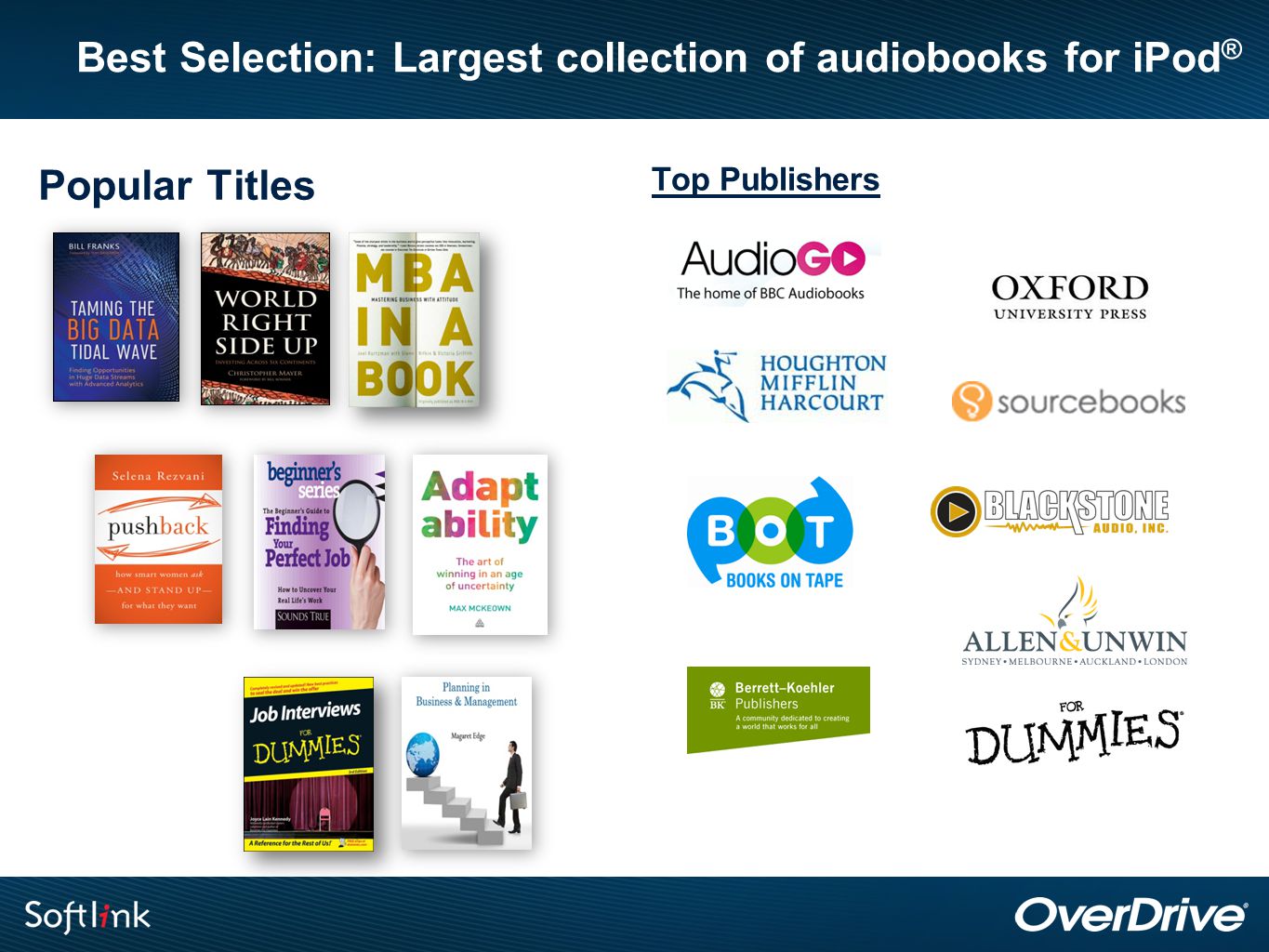 Best Selection: Largest collection of audiobooks for iPod ® Popular Titles Top Publishers