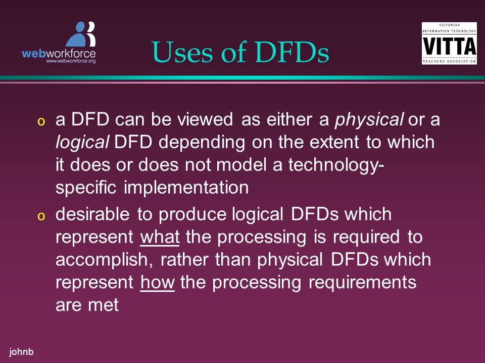 johnb Uses of DFDs o a DFD can be viewed as either a physical or a logical DFD depending on the extent to which it does or does not model a technology- specific implementation o desirable to produce logical DFDs which represent what the processing is required to accomplish, rather than physical DFDs which represent how the processing requirements are met