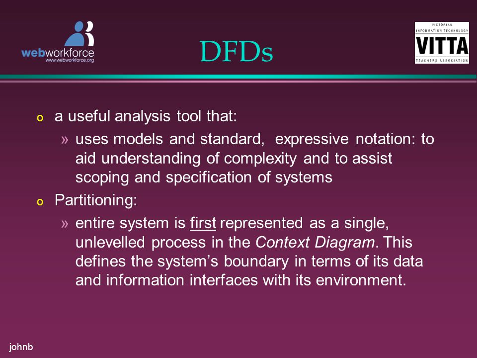 johnb DFDs o a useful analysis tool that: »uses models and standard, expressive notation: to aid understanding of complexity and to assist scoping and specification of systems o Partitioning: »entire system is first represented as a single, unlevelled process in the Context Diagram.