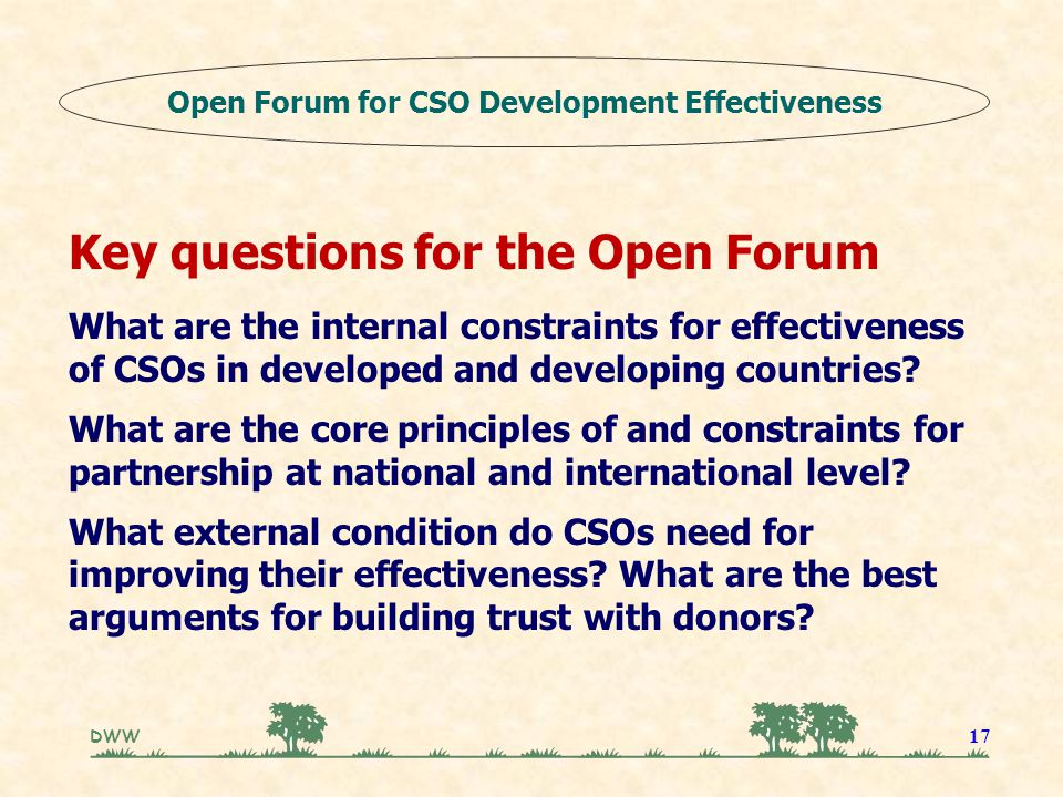 DWW 17 Key questions for the Open Forum What are the internal constraints for effectiveness of CSOs in developed and developing countries.