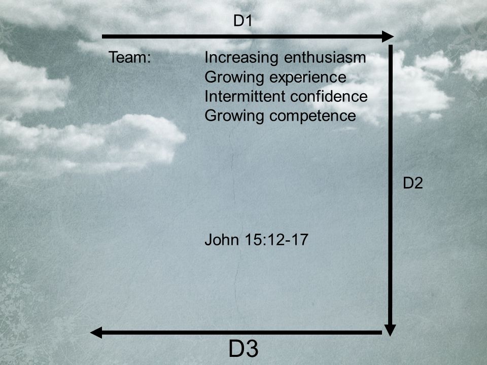 D3 D1 D2 Increasing enthusiasm Growing experience Intermittent confidence Growing competence John 15:12-17 Team: