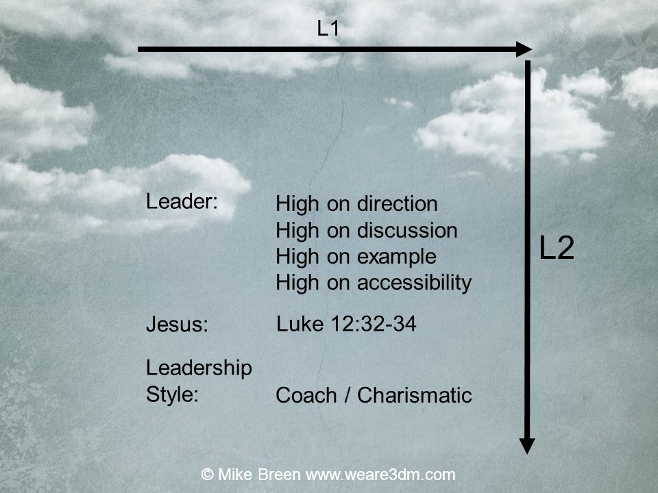 High on direction High on discussion High on example High on accessibility Luke 12:32-34 Coach / Charismatic L1 L2 Leader: Jesus: Leadership Style: © Mike Breen