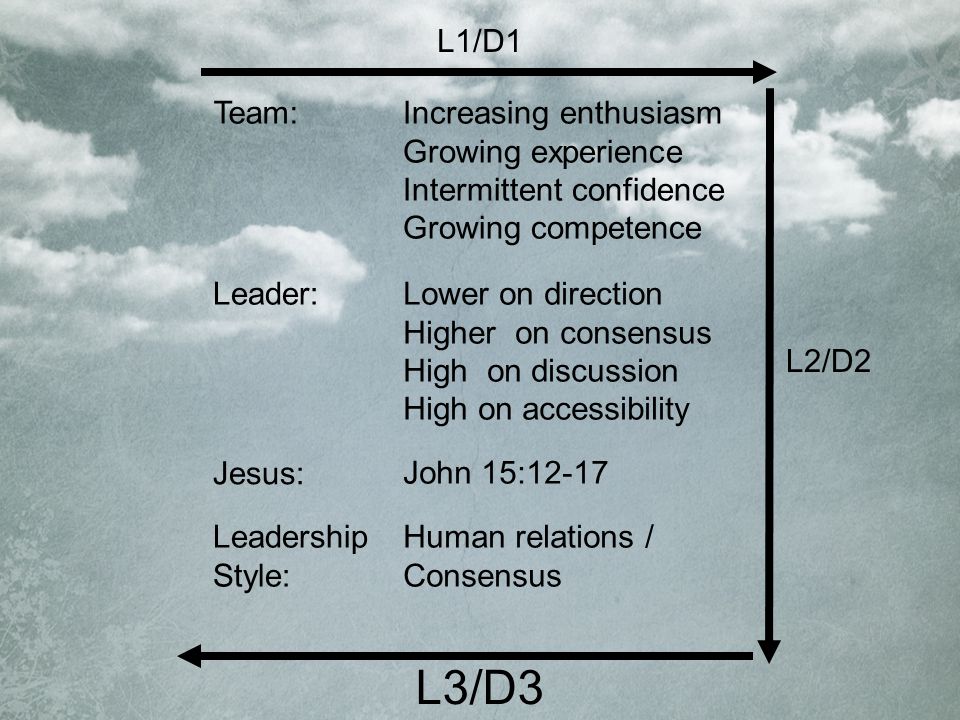 Increasing enthusiasm Growing experience Intermittent confidence Growing competence Lower on direction Higher on consensus High on discussion High on accessibility John 15:12-17 Human relations / Consensus Team: Leader: Jesus: Leadership Style: L2/D2 L3/D3 L1/D1