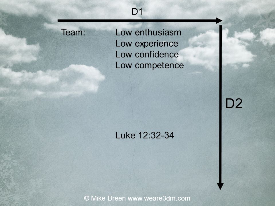 D2 D1 Low enthusiasm Low experience Low confidence Low competence Luke 12:32-34 Team: © Mike Breen