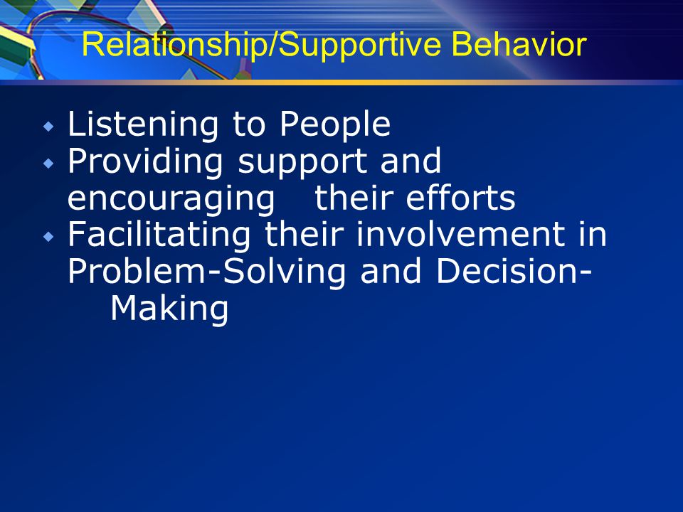 Relationship/Supportive Behavior  Listening to People  Providing support and encouraging their efforts  Facilitating their involvement in Problem-Solving and Decision- Making
