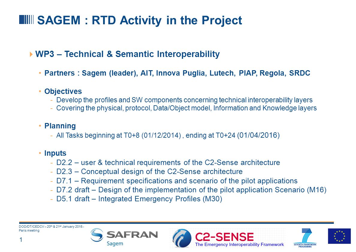 1 DOD/DT/CEDCV – 20 th & 21 st January Paris meeting SAGEM : RTD Activity in the Project  WP3 – Technical & Semantic Interoperability Partners : Sagem (leader), AIT, Innova Puglia, Lutech, PIAP, Regola, SRDC Objectives -Develop the profiles and SW components concerning technical interoperability layers -Covering the physical, protocol, Data/Object model, Information and Knowledge layers Planning -All Tasks beginning at T0+8 (01/12/2014), ending at T0+24 (01/04/2016) Inputs -D2.2 – user & technical requirements of the C2-Sense architecture -D2.3 – Conceptual design of the C2-Sense architecture -D7.1 – Requirement specifications and scenario of the pilot applications -D7.2 draft – Design of the implementation of the pilot application Scenario (M16) -D5.1 draft – Integrated Emergency Profiles (M30)