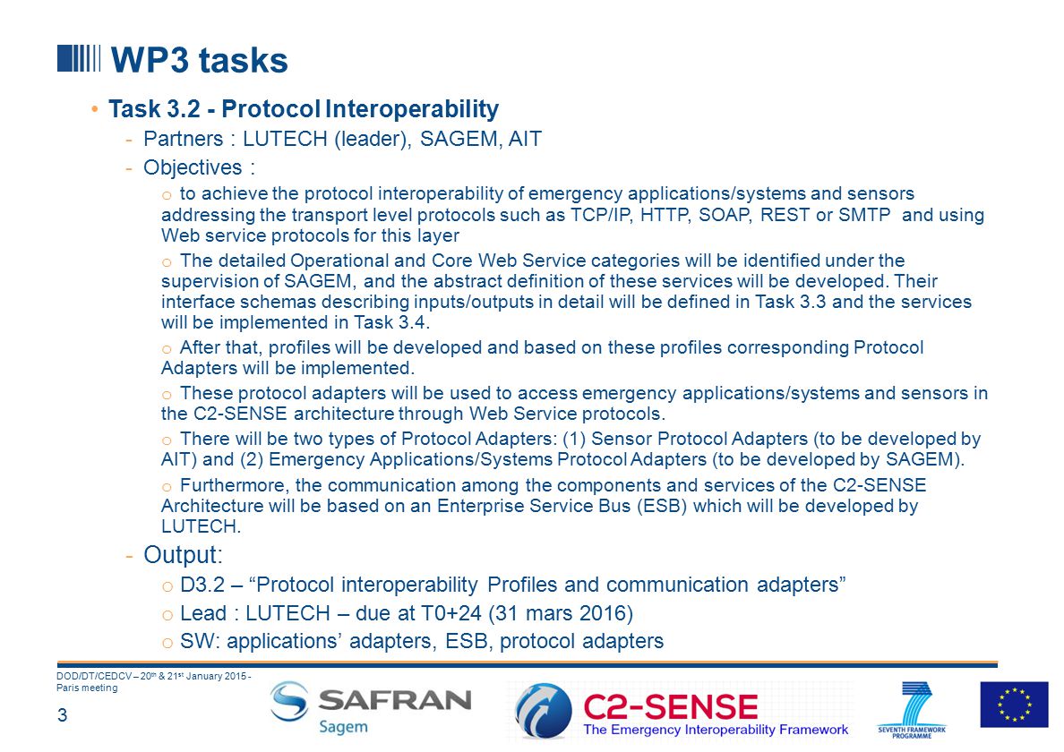 3 DOD/DT/CEDCV – 20 th & 21 st January Paris meeting WP3 tasks Task Protocol Interoperability -Partners : LUTECH (leader), SAGEM, AIT -Objectives : o to achieve the protocol interoperability of emergency applications/systems and sensors addressing the transport level protocols such as TCP/IP, HTTP, SOAP, REST or SMTP and using Web service protocols for this layer o The detailed Operational and Core Web Service categories will be identified under the supervision of SAGEM, and the abstract definition of these services will be developed.