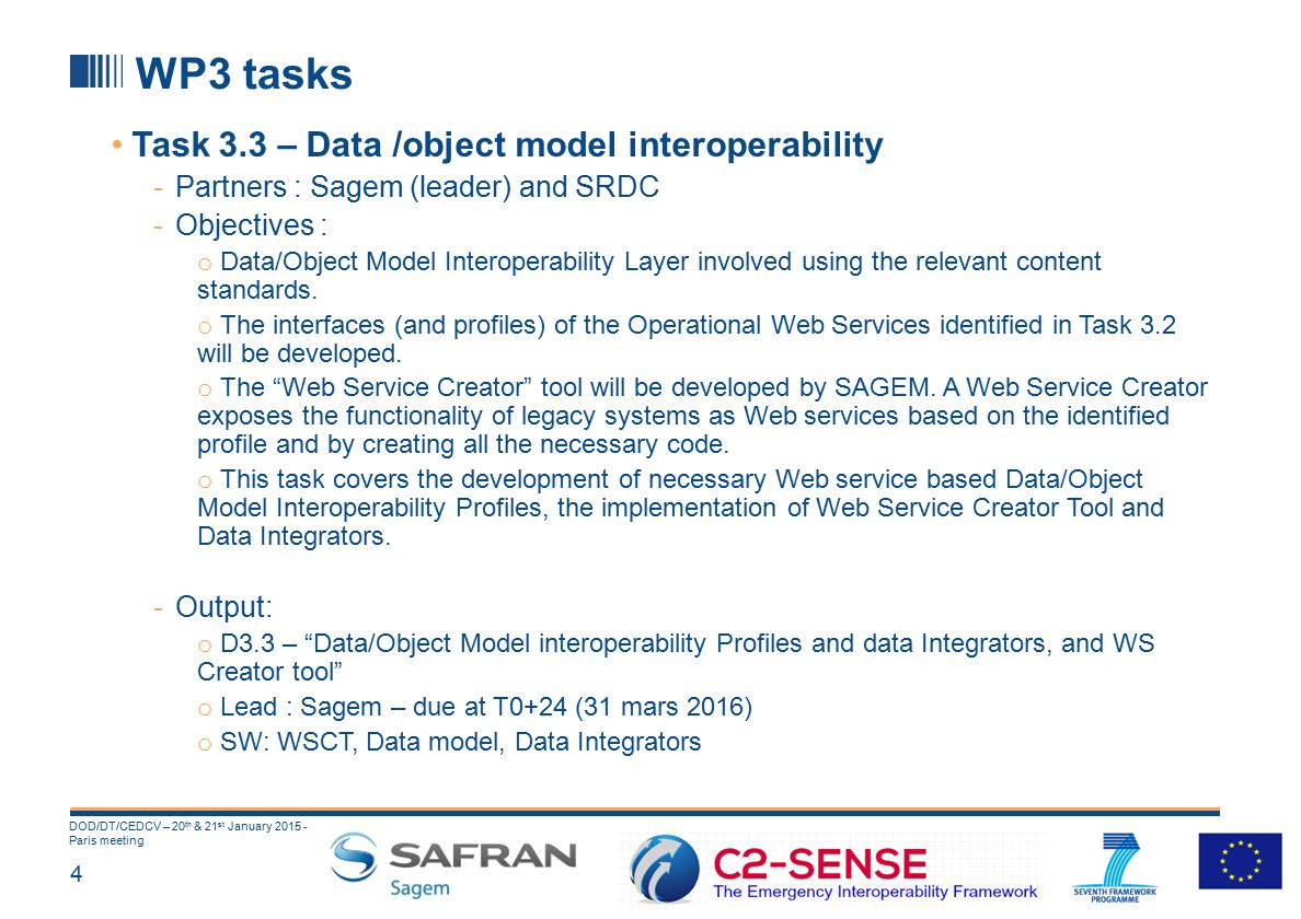 4 DOD/DT/CEDCV – 20 th & 21 st January Paris meeting WP3 tasks Task 3.3 – Data /object model interoperability -Partners : Sagem (leader) and SRDC -Objectives : o Data/Object Model Interoperability Layer involved using the relevant content standards.
