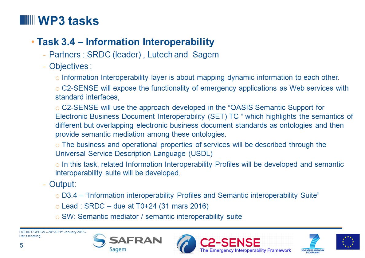 5 DOD/DT/CEDCV – 20 th & 21 st January Paris meeting WP3 tasks Task 3.4 – Information Interoperability -Partners : SRDC (leader), Lutech and Sagem -Objectives : o Information Interoperability layer is about mapping dynamic information to each other.