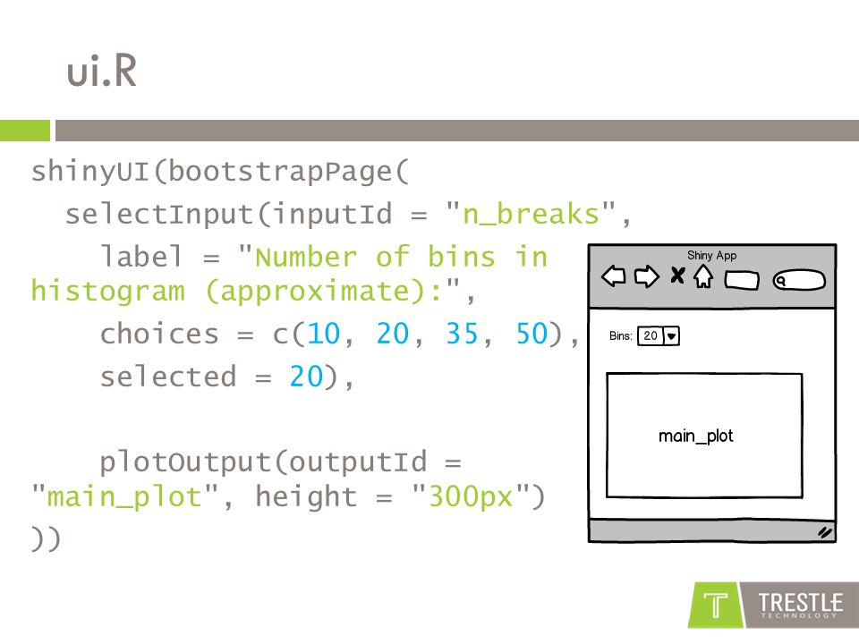 ui.R shinyUI(bootstrapPage( selectInput(inputId = n_breaks , label = Number of bins in histogram (approximate): , choices = c(10, 20, 35, 50), selected = 20), plotOutput(outputId = main_plot , height = 300px ) ))