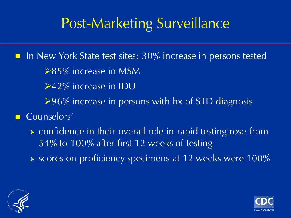 Post-Marketing Surveillance In New York State test sites: 30% increase in persons tested  85% increase in MSM  42% increase in IDU  96% increase in persons with hx of STD diagnosis Counselors’  confidence in their overall role in rapid testing rose from 54% to 100% after first 12 weeks of testing  scores on proficiency specimens at 12 weeks were 100%