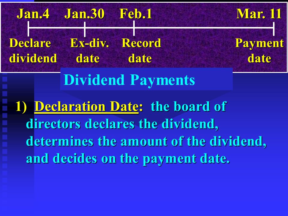Dividend Payments 1) Declaration Date: the board of directors declares the dividend, determines the amount of the dividend, and decides on the payment date.