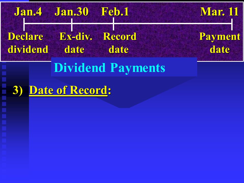 Dividend Payments 3) Date of Record: Jan.4 Jan.30 Feb.1 Mar.