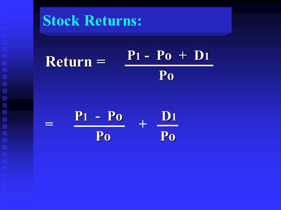 P 1 - Po + D 1 P 1 - Po + D 1 Po Po P 1 - Po D 1 P 1 - Po D 1 Po Po Po Po + Return = = Stock Returns: