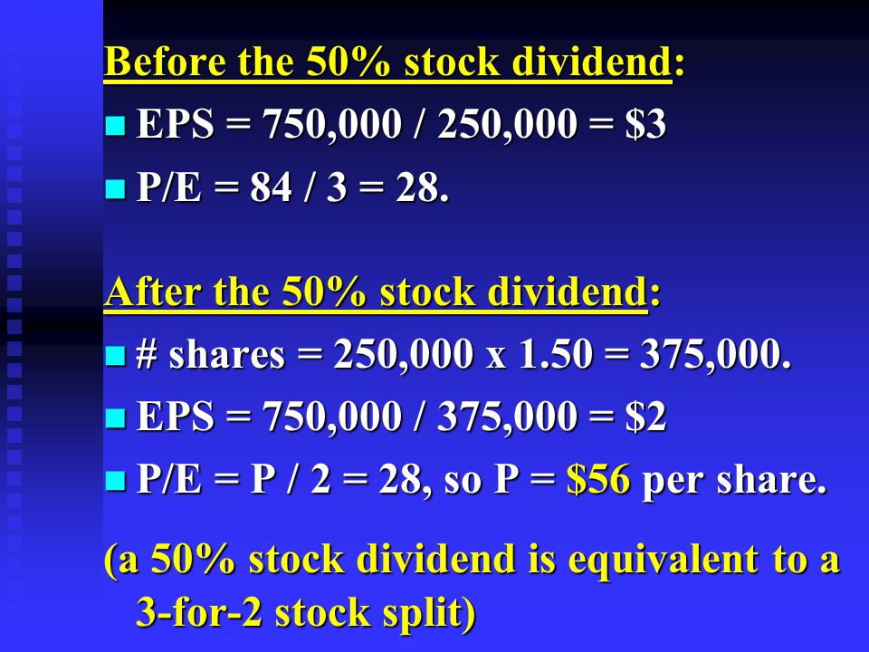 Before the 50% stock dividend: n EPS = 750,000 / 250,000 = $3 n P/E = 84 / 3 = 28.