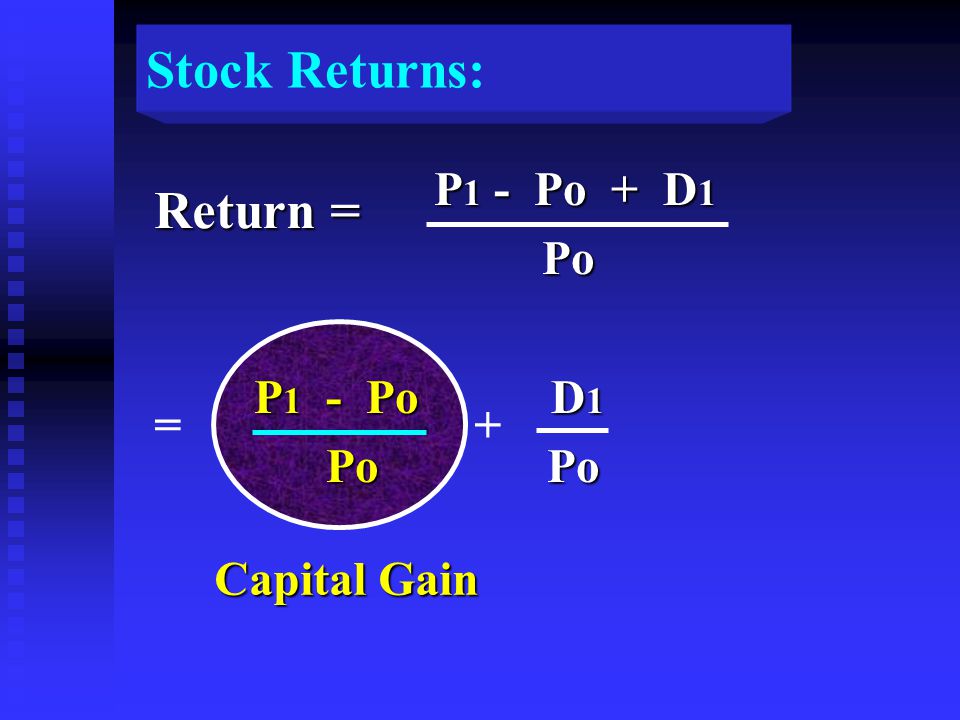 Return = Capital Gain P 1 - Po + D 1 P 1 - Po + D 1 Po Po P 1 - Po D 1 P 1 - Po D 1 Po Po Po Po += Stock Returns: