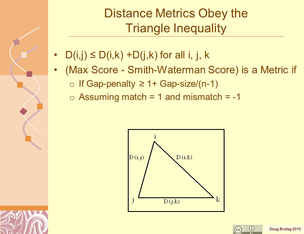 Distance Metrics Obey the Triangle Inequality D(i,j) ≤ D(i,k) +D(j,k) for all i, j, k (Max Score - Smith-Waterman Score) is a Metric if o If Gap-penalty ≥ 1+ Gap-size/(n-1) o Assuming match = 1 and mismatch = -1