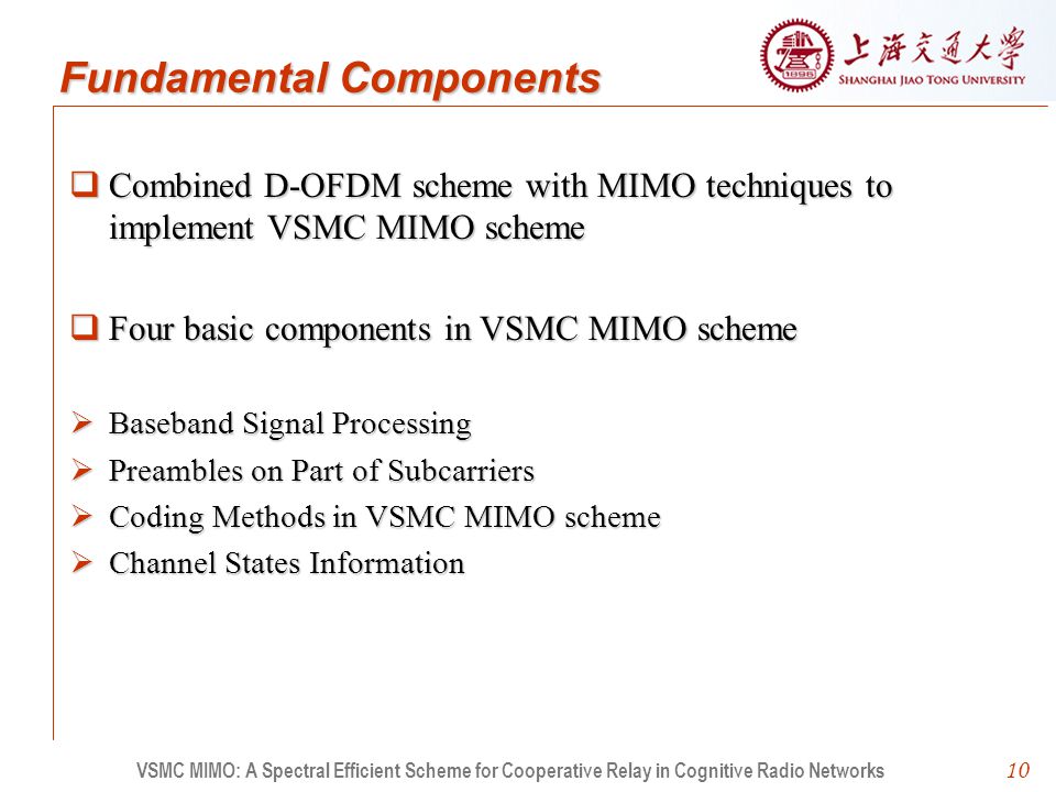 10  Combined D-OFDM scheme with MIMO techniques to implement VSMC MIMO scheme  Four basic components in VSMC MIMO scheme  Baseband Signal Processing  Preambles on Part of Subcarriers  Coding Methods in VSMC MIMO scheme  Channel States Information VSMC MIMO: A Spectral Efficient Scheme for Cooperative Relay in Cognitive Radio Networks Fundamental Components