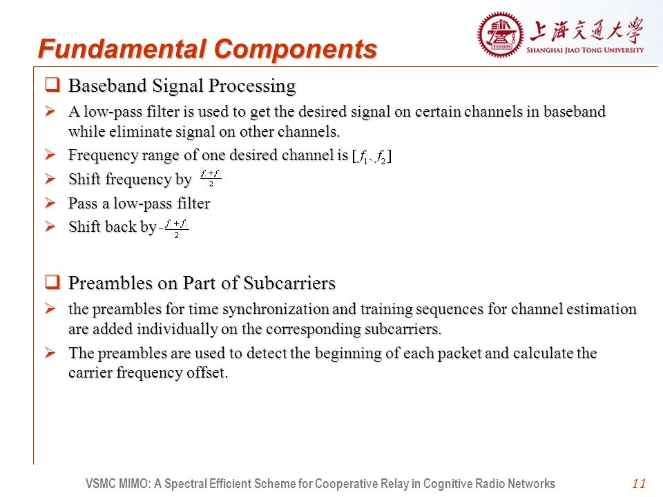 11  Baseband Signal Processing  A low-pass filter is used to get the desired signal on certain channels in baseband while eliminate signal on other channels.